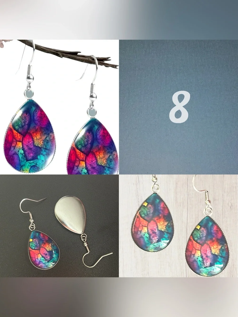 Glass Dome Teardrop Dangle Earrings Floral & Abstract Watercolor Cabochon Design